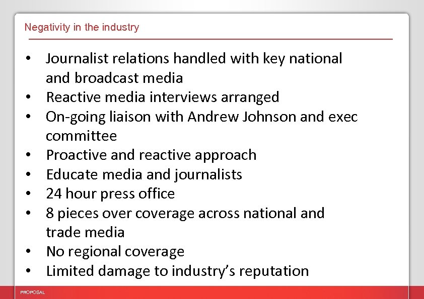 Negativity in the industry • Journalist relations handled with key national and broadcast media