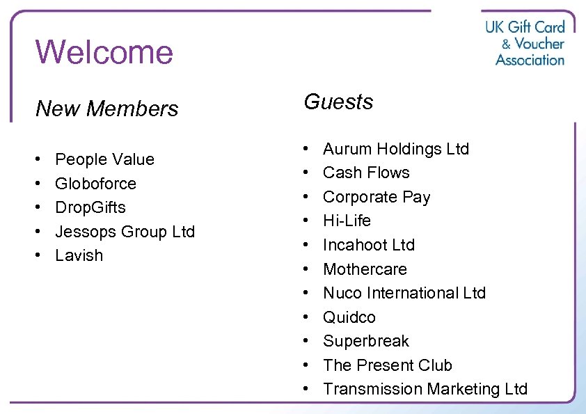 Welcome New Members • • • People Value Globoforce Drop. Gifts Jessops Group Ltd