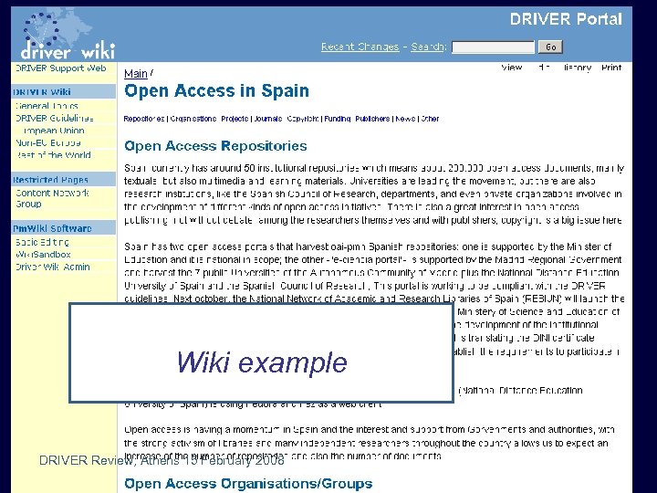wiki-Spain Wiki example DRIVER Review, Athens 15 February 2008 