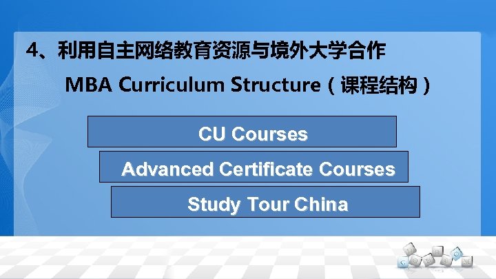 4、利用自主网络教育资源与境外大学合作 　　MBA Curriculum Structure（课程结构） CU Courses Advanced Certificate Courses Study Tour China 