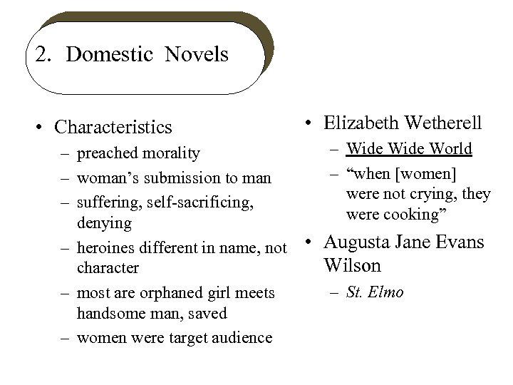 2. Domestic Novels • Characteristics – preached morality – woman’s submission to man –