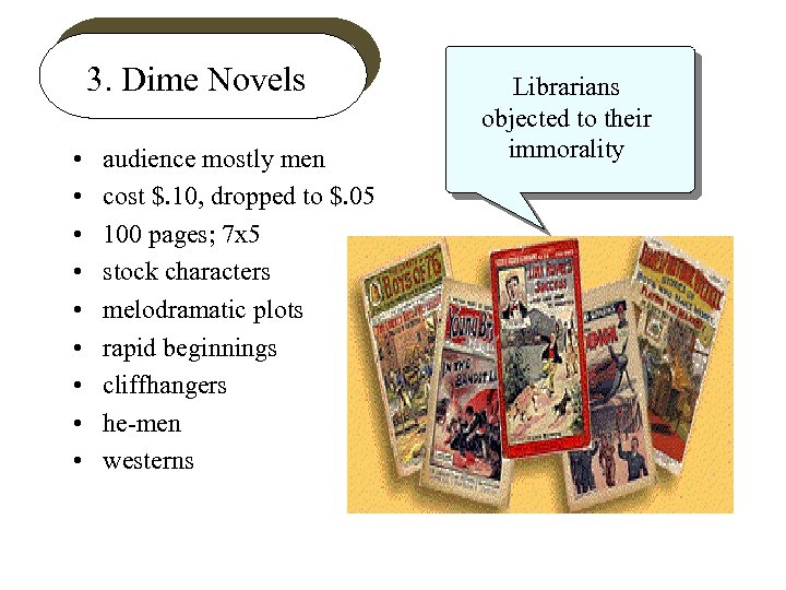 3. Dime Novels • • • audience mostly men cost $. 10, dropped to