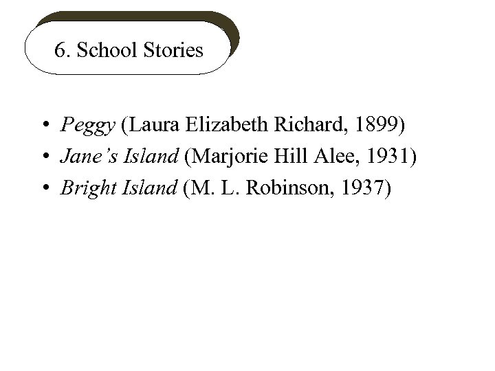 6. School Stories • Peggy (Laura Elizabeth Richard, 1899) • Jane’s Island (Marjorie Hill