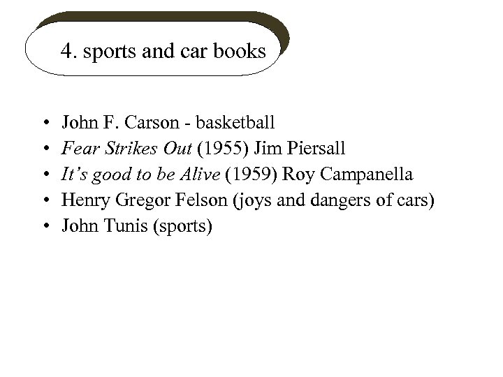 4. sports and car books • • • John F. Carson - basketball Fear