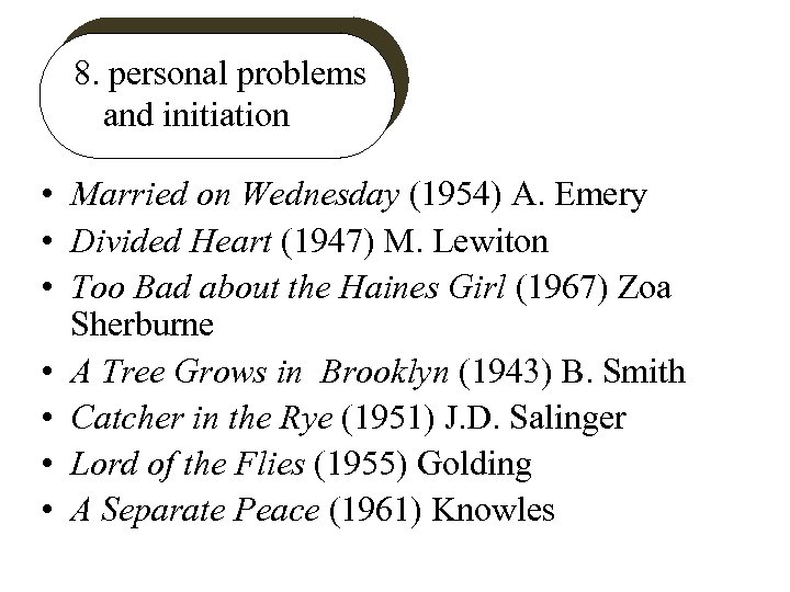 8. personal problems and initiation • Married on Wednesday (1954) A. Emery • Divided