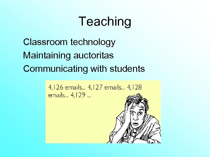 Teaching Classroom technology Maintaining auctoritas Communicating with students 