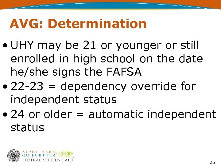 AVG: Determination • UHY may be 21 or younger or still enrolled in high