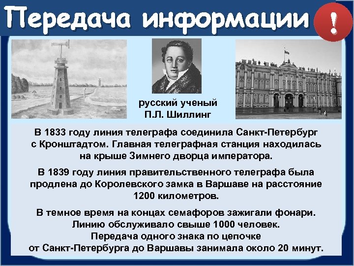 Передача информации ! русский ученый П. Л. Шиллинг В 1833 году линия телеграфа соединила