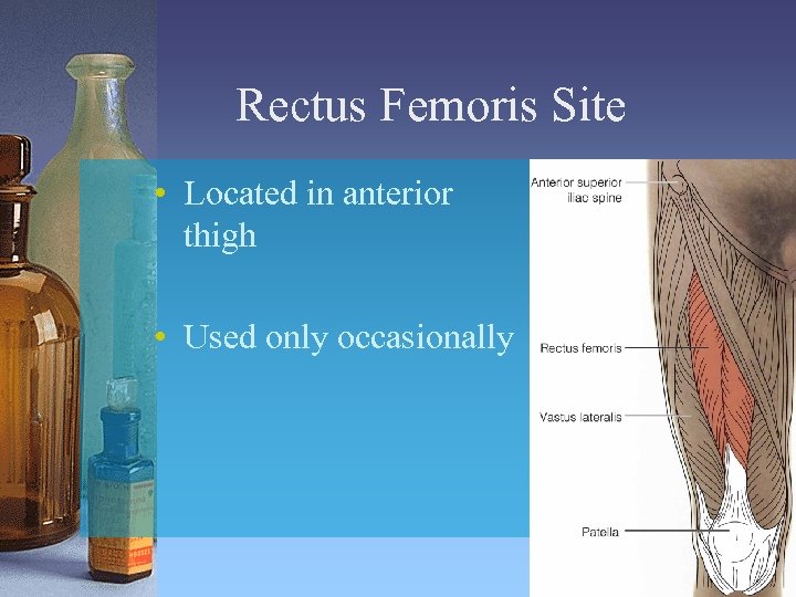 Rectus Femoris Site • Located in anterior thigh • Used only occasionally 46 