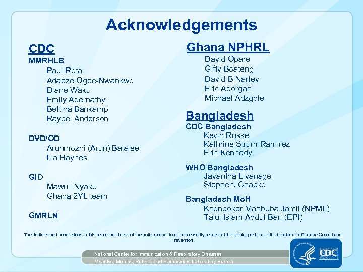 Acknowledgements CDC Ghana NPHRL MMRHLB Paul Rota Adaeze Ogee-Nwankwo Diane Waku Emily Abernathy Bettina