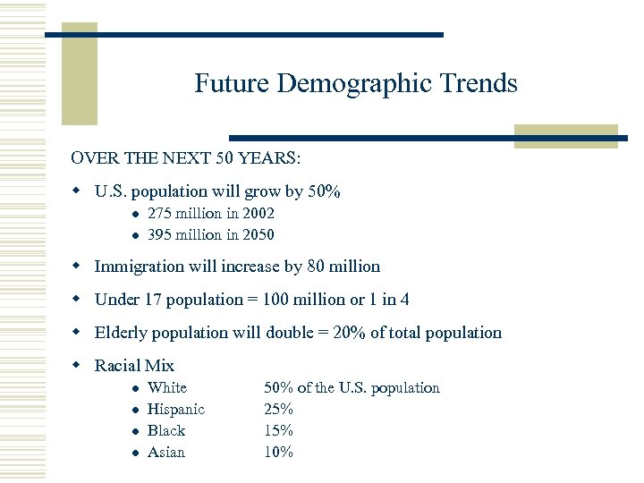 Future Demographic Trends OVER THE NEXT 50 YEARS: w U. S. population will grow