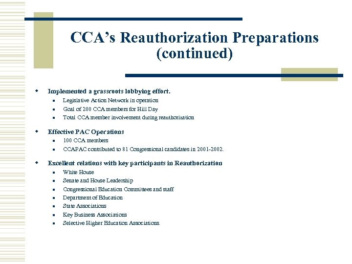 CCA’s Reauthorization Preparations (continued) w Implemented a grassroots lobbying effort. n n n w