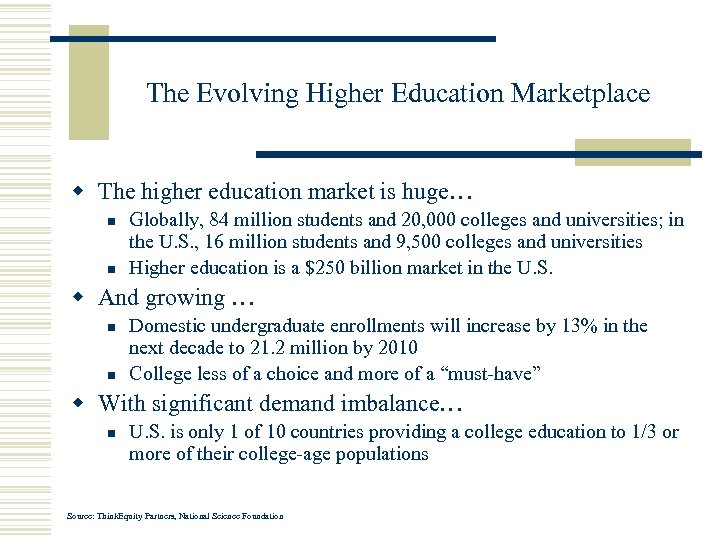 The Evolving Higher Education Marketplace w The higher education market is huge… n n