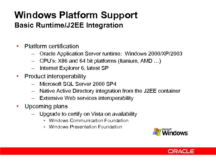 Windows Platform Support Basic Runtime/J 2 EE Integration • Platform certification – Oracle Application