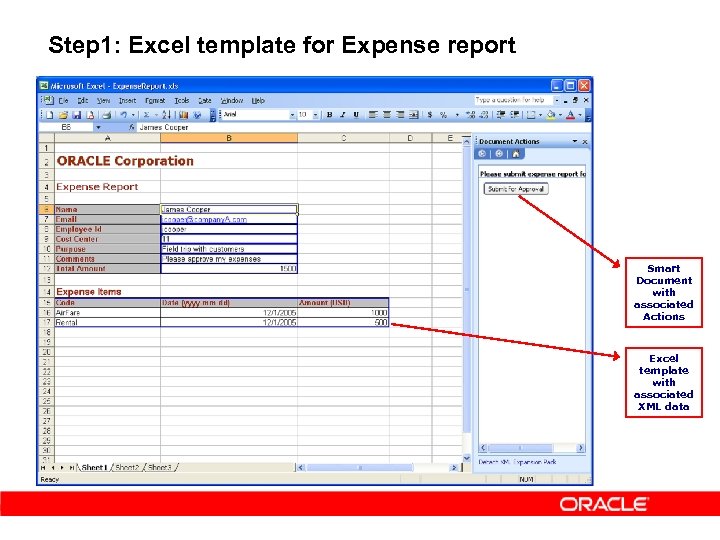 Step 1: Excel template for Expense report Smart Document with associated Actions Excel template