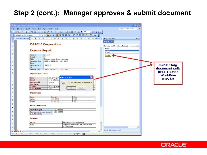 Step 2 (cont. ): Manager approves & submit document Submitting document calls BPEL Human