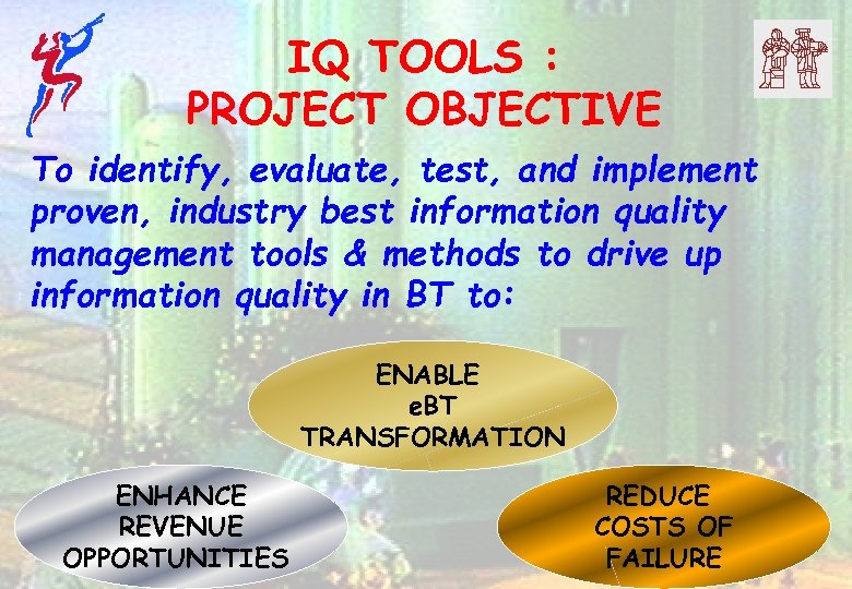 IQ TOOLS : PROJECT OBJECTIVE To identify, evaluate, test, and implement proven, industry best