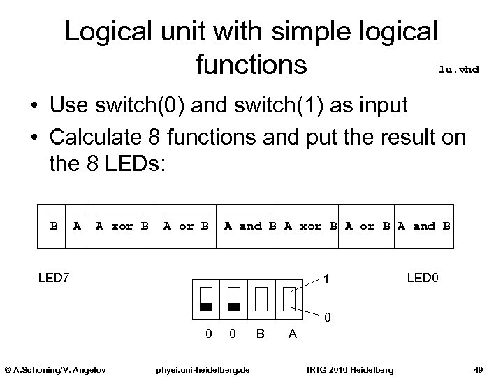 Logical unit with simple logical functions lu. vhd • Use switch(0) and switch(1) as