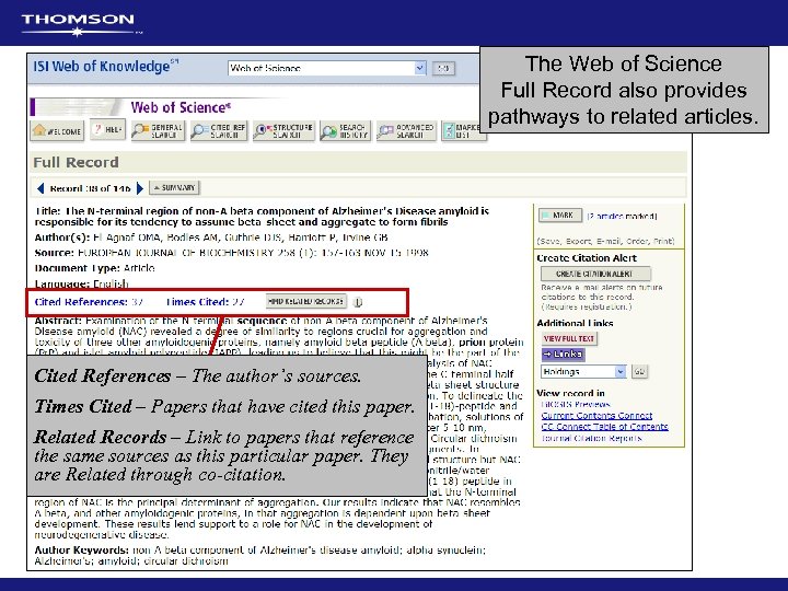 The Web of Science Full Record also provides pathways to related articles. Cited References