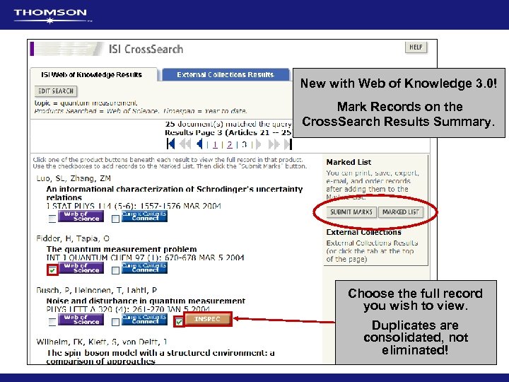 New with Web of Knowledge 3. 0! Mark Records on the Cross. Search Results