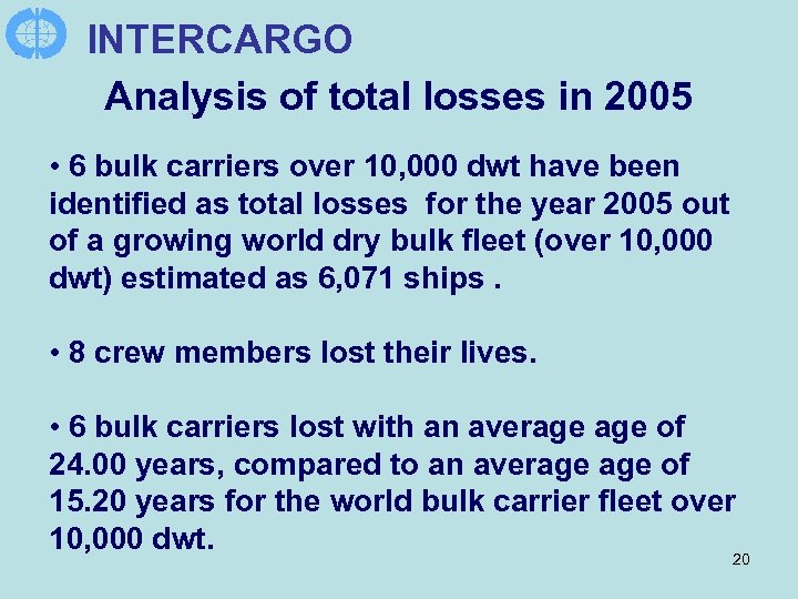 INTERCARGO Analysis of total losses in 2005 • 6 bulk carriers over 10, 000