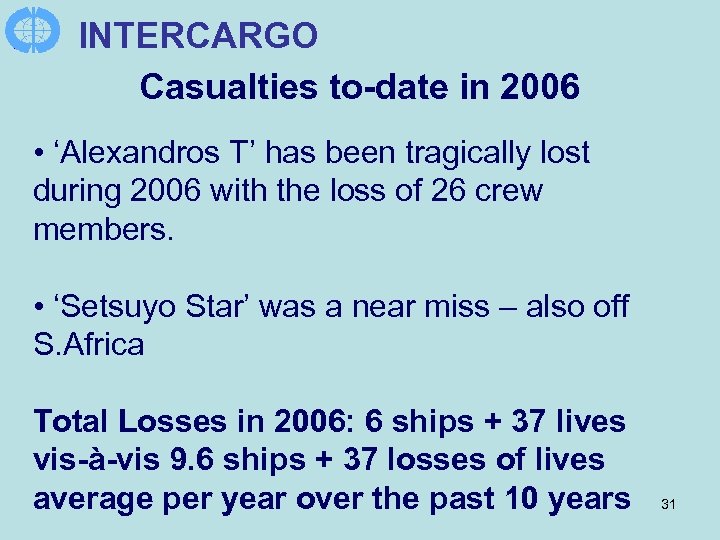 INTERCARGO Casualties to-date in 2006 • ‘Alexandros T’ has been tragically lost during 2006