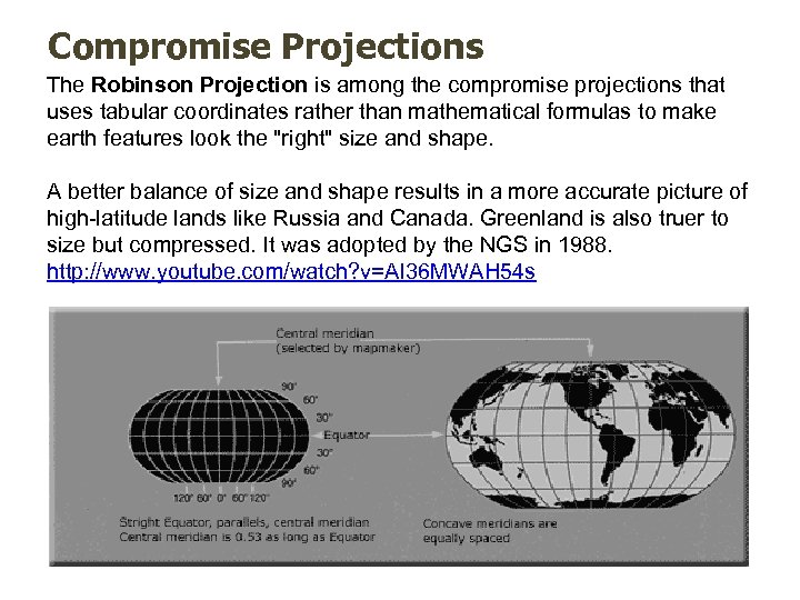 Compromise Projections The Robinson Projection is among the compromise projections that uses tabular coordinates