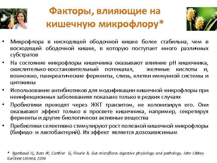 Факторы, влияющие на кишечную микрофлору* • Микрофлора в нисходящей ободочной кишке более стабильна, чем