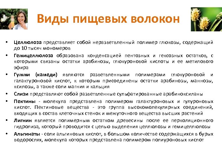 Виды пищевых волокон • • Целлюлоза представляет собой неразветвленный полимер глюкозы, содержащий до 10