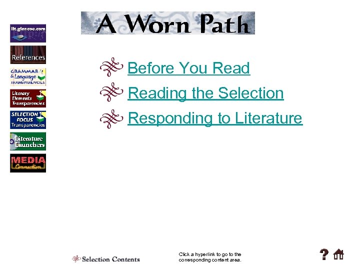 Before You Reading the Selection Responding to Literature Click a hyperlink to go to