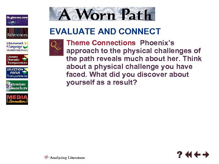 EVALUATE AND CONNECT Theme Connections Phoenix’s approach to the physical challenges of the path