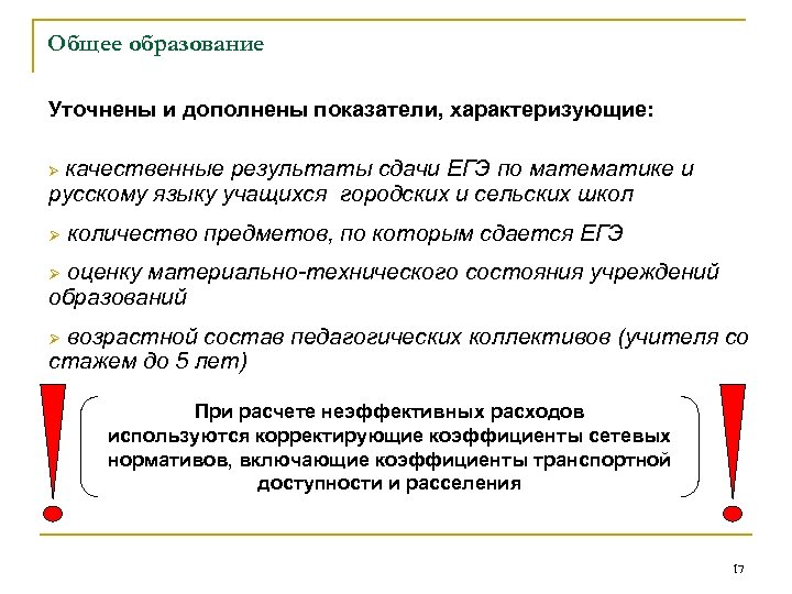 Общее образование Уточнены и дополнены показатели, характеризующие: качественные результаты сдачи ЕГЭ по математике и