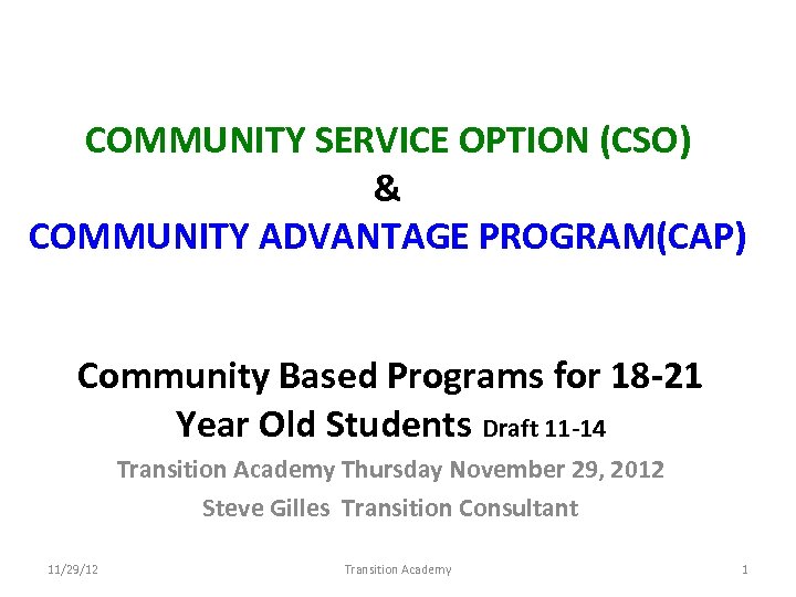 COMMUNITY SERVICE OPTION (CSO) & COMMUNITY ADVANTAGE PROGRAM(CAP) Community Based Programs for 18 -21