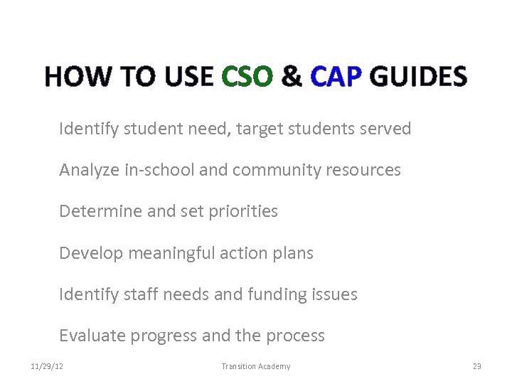 HOW TO USE CSO & CAP GUIDES Identify student need, target students served Analyze