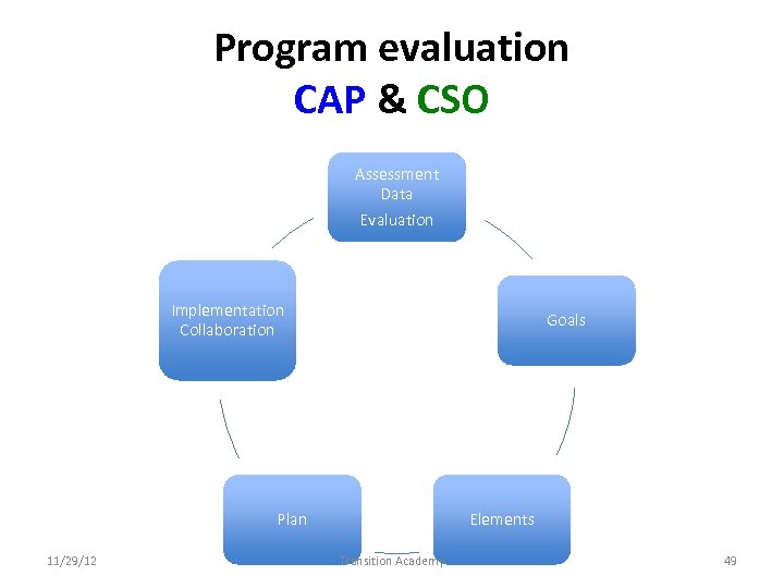 Program evaluation CAP & CSO Assessment Data Evaluation Implementation Collaboration Goals Plan 11/29/12 Elements