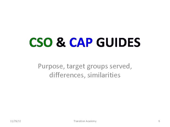 CSO & CAP GUIDES Purpose, target groups served, differences, similarities 11/29/12 Transition Academy 6
