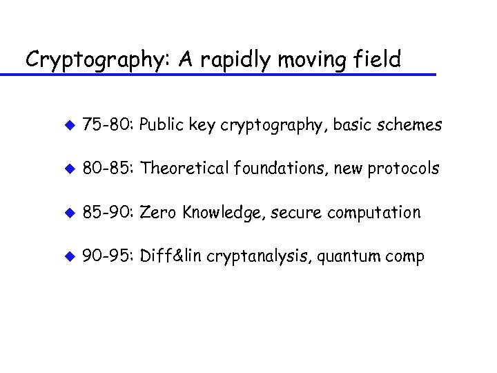Cryptography: A rapidly moving field u 75 -80: Public key cryptography, basic schemes u