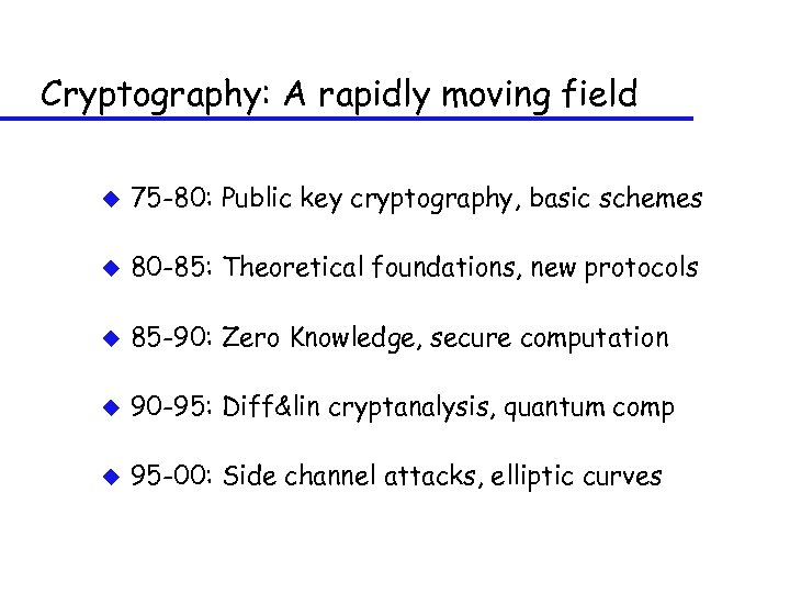 Cryptography: A rapidly moving field u 75 -80: Public key cryptography, basic schemes u