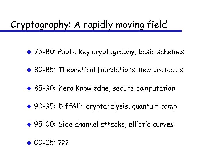 Cryptography: A rapidly moving field u 75 -80: Public key cryptography, basic schemes u