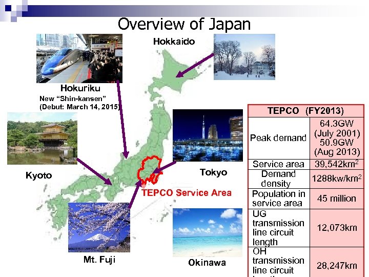 Overview of Japan Hokkaido Hokuriku New “Shin-kansen” (Debut: March 14, 2015) Tokyo Kyoto TEPCO