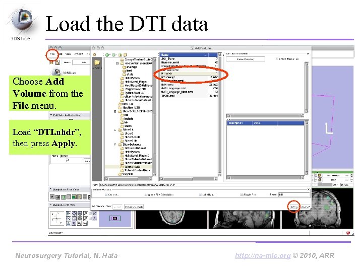 Load the DTI data Choose Add Volume from the File menu. Load “DTI. nhdr”,