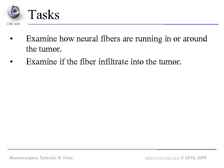 Tasks • • Examine how neural fibers are running in or around the tumor.