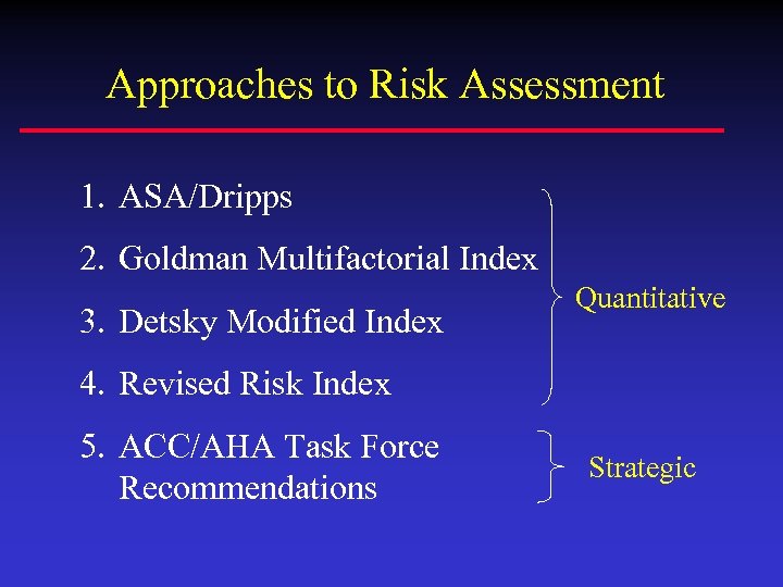 Approaches to Risk Assessment 1. ASA/Dripps 2. Goldman Multifactorial Index 3. Detsky Modified Index