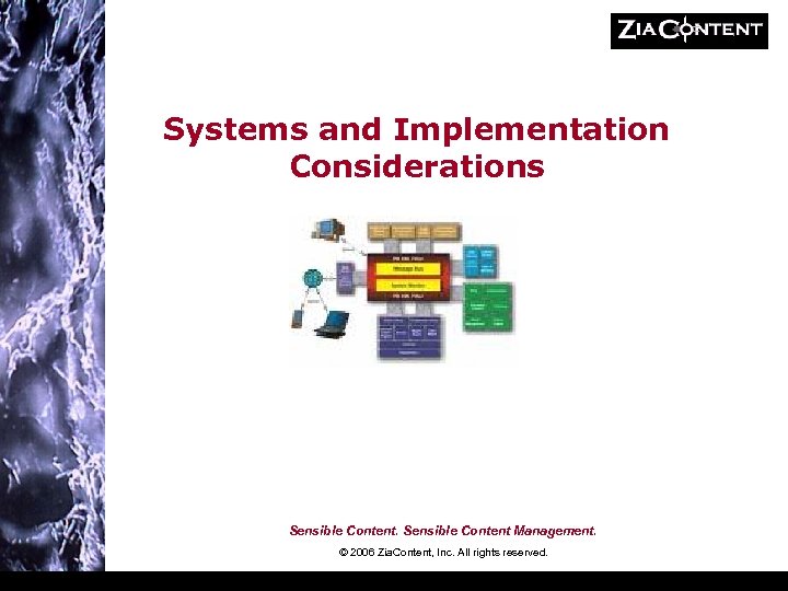 Systems and Implementation Considerations Sensible Content Management. © 2006 Zia. Content, Inc. All rights