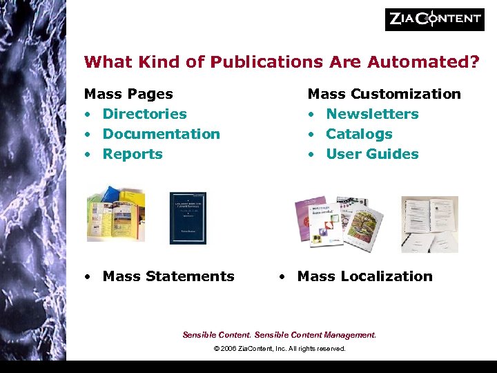 What Kind of Publications Are Automated? Mass Pages • Directories • Documentation • Reports