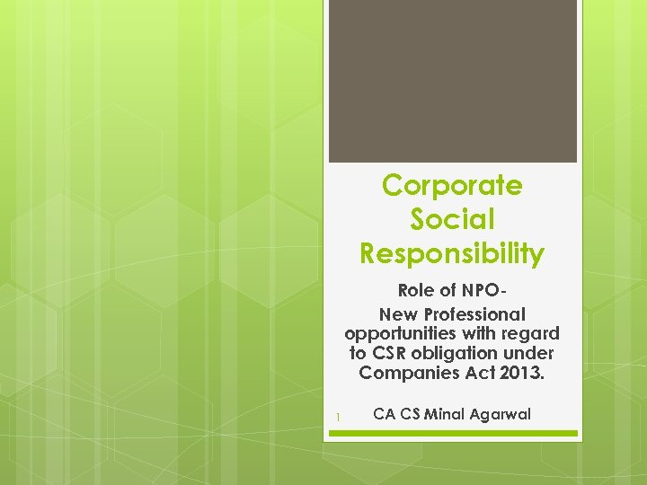 Corporate Social Responsibility Role of NPONew Professional opportunities with regard to CSR obligation under