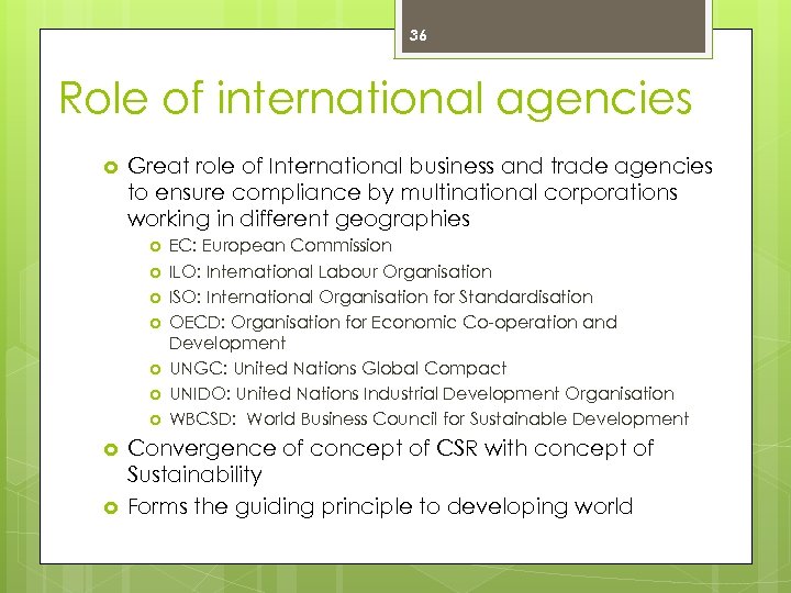 36 Role of international agencies Great role of International business and trade agencies to