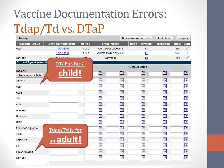 Vaccine Documentation Errors: Tdap/Td vs. DTa. P is for a child! Tdap/Td is for