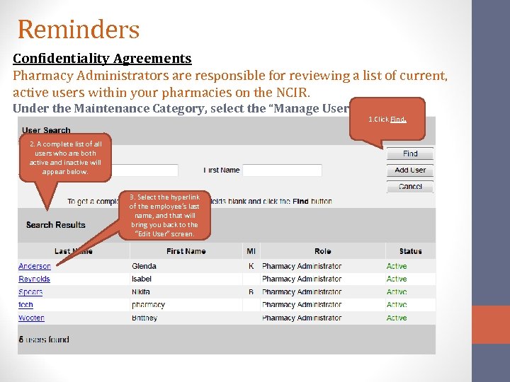 Reminders Confidentiality Agreements Pharmacy Administrators are responsible for reviewing a list of current, active