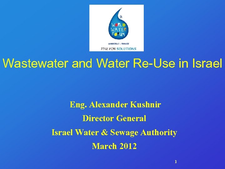 Wastewater and Water Re-Use in Israel Eng. Alexander Kushnir Director General Israel Water &